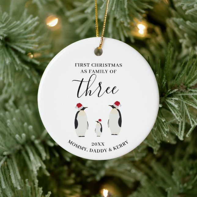 First Christmas Family of Three Cute Penguins Ceramic Ornament (Tree)
