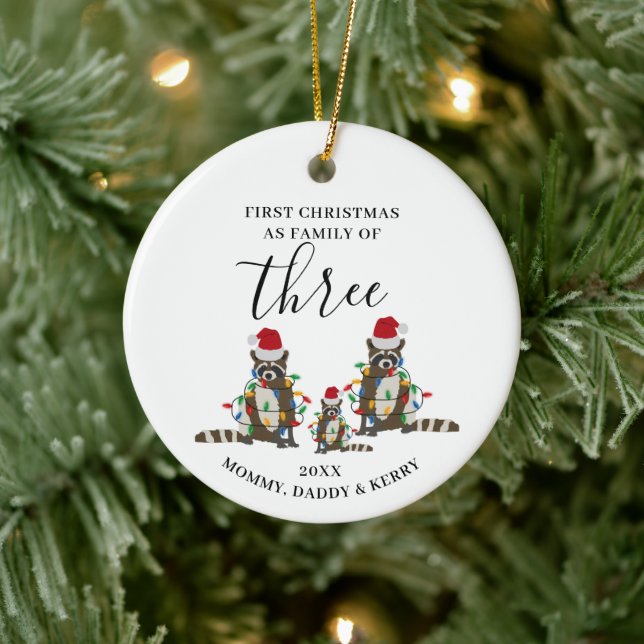 First Christmas Family of Three Cute Raccoon  Ceramic Ornament (Tree)