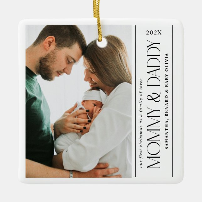 First Christmas Family of Three Mommy  Daddy Photo Ceramic Ornament (Front)