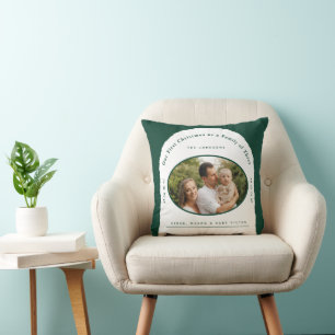 First Christmas Family of Three Newborn Baby Green Throw Pillow