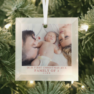 First Christmas Family of Three Photo Glass Ornament