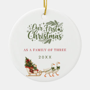 First Christmas Family of Three photo Goose Ceramic Ornament