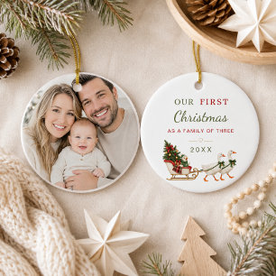 First Christmas Family of Three photo Goose Ceramic Ornament