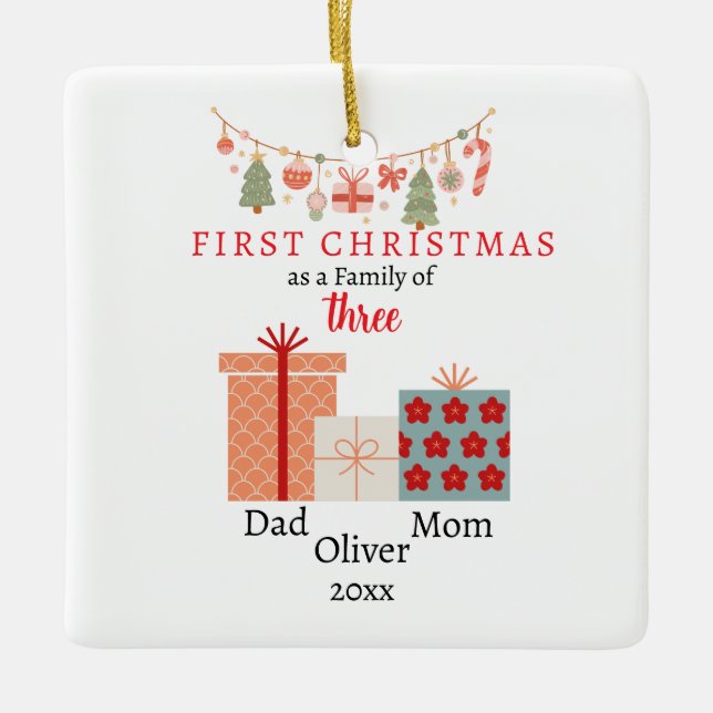 First Christmas family of three Photo Keepsake Ceramic Ornament (Front)