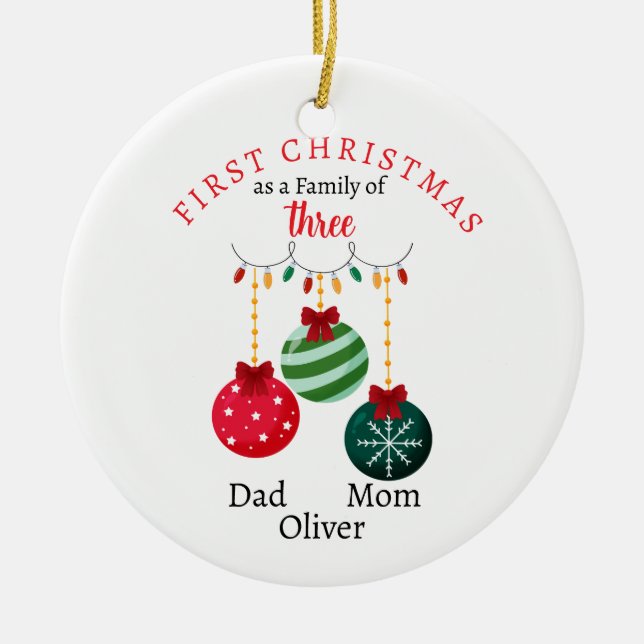 First Christmas family of three Photo Keepsake Ceramic Ornament (Front)