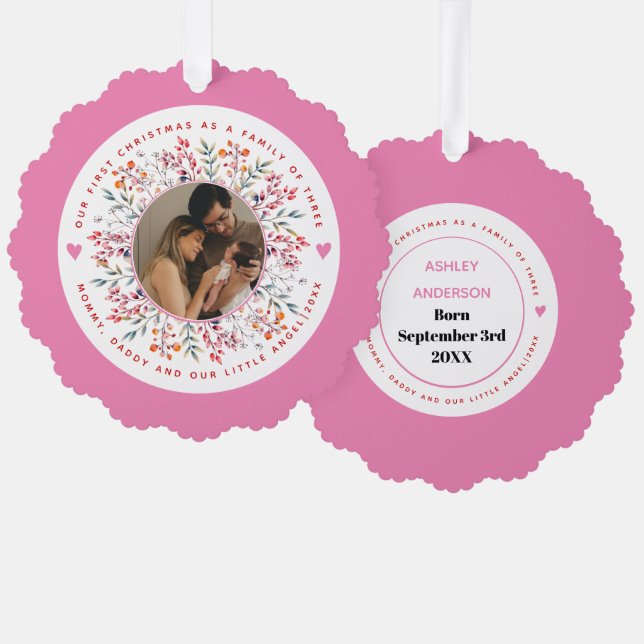 First Christmas family of three pink photo Ornament Card (Front/Back)