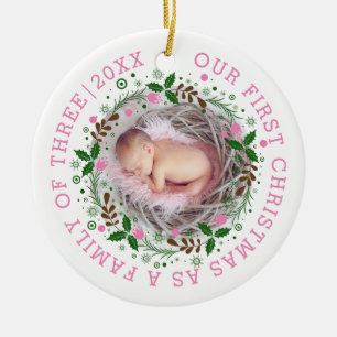 First Christmas family of three wreath pink photo Ceramic Ornament