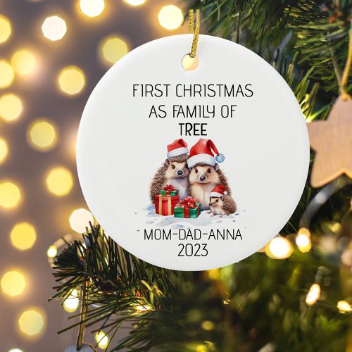First Christmas Family of Tree Hedgehogs  Ceramic Ornament