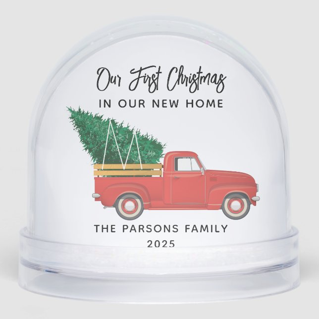 First Christmas Family Photo Modern Red Truck Snow Globe (Front)