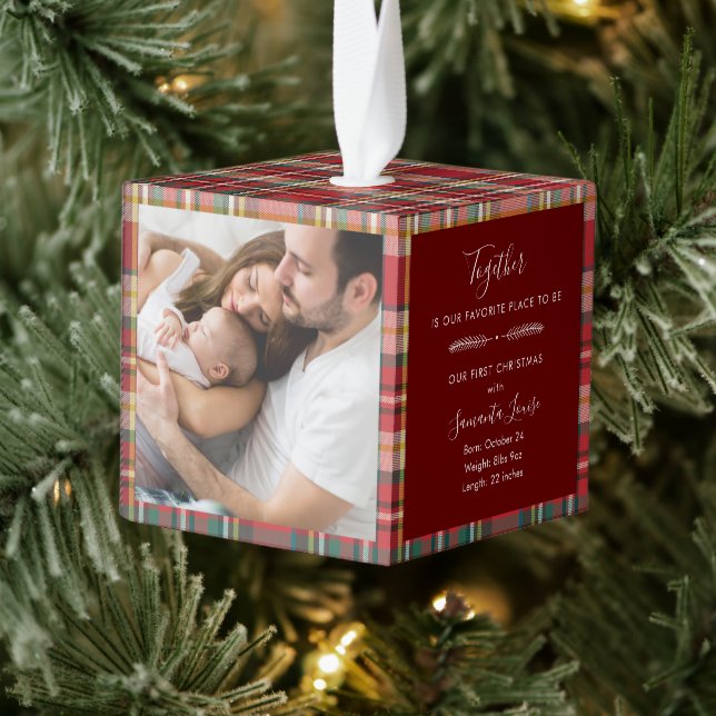First Christmas Family Photos Rustic Plaid Cube Ornament (Tree)