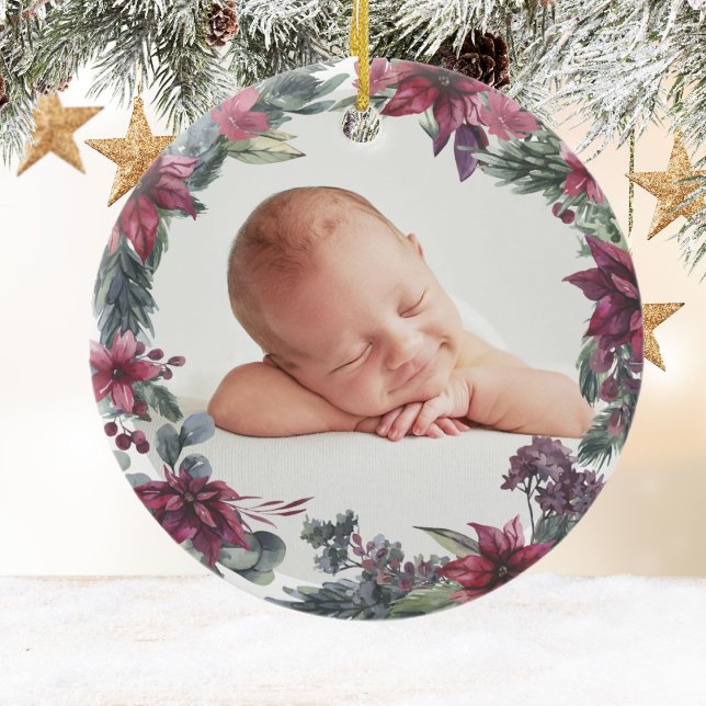 First Christmas Floral Baby Photo Ceramic Ornament (Creator Uploaded)