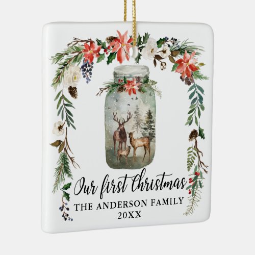 First Christmas Floral Deer Family PHOTO BACK Ceramic Ornament