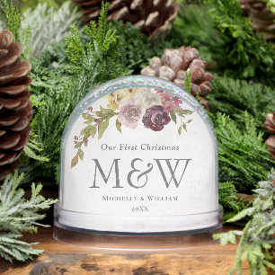 First Christmas Floral Monogram Photo Snow Globe