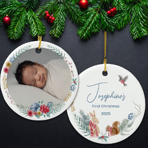 First Christmas Floral Woodland Animal Baby Photo Ceramic Ornament
