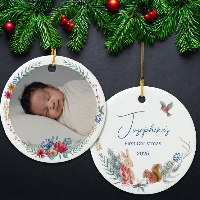 First Christmas Floral Woodland Animal Baby Photo  Ceramic Ornament (Creator Uploaded)