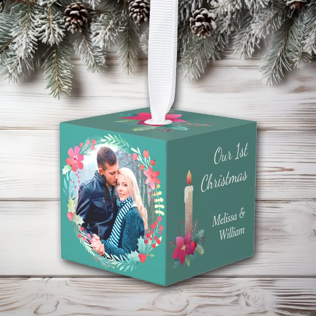 First Christmas Floral Wreath Photo Template Cube Ornament (Creator Uploaded)