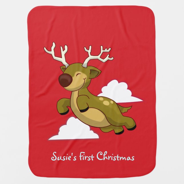 First Christmas Flying reindeer Swaddle Blanket (Front)