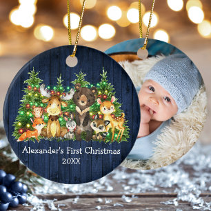 First Christmas Forest Animals Lights Blue PHOTO Ceramic Ornament