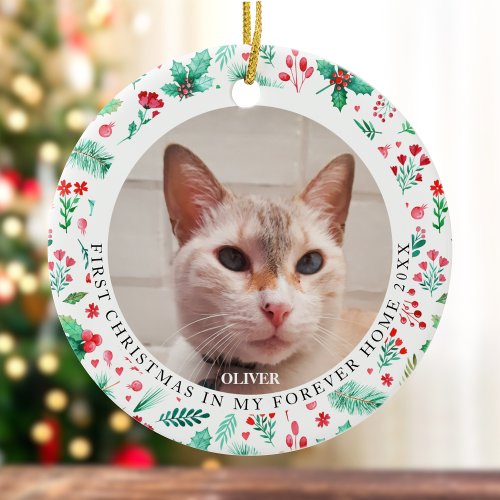 First Christmas Forever Home Cat Pet  Watercolor Ceramic Ornament