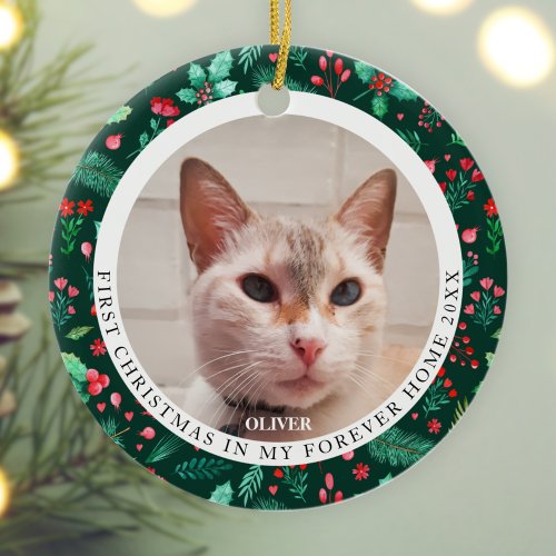 First Christmas Forever Home Cat Pet  Watercolor Ceramic Ornament