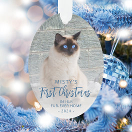 First Christmas Forever Home Pet Photo Blue Oval Ornament