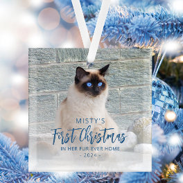 First Christmas Forever Home Pet Photo Blue Square Glass Ornament