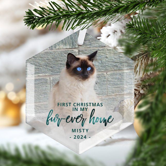 First Christmas Forever Home Pet Photo Teal Green Glass Ornament (Creator Uploaded)