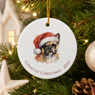 First Christmas French Bulldog watercolor Ceramic Ornament