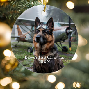 First Christmas German Shepherd Dog Pilot Funny Ceramic Ornament