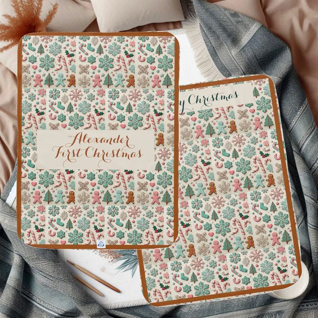 First Christmas Gingerbread Snowflakes Candy Cane Baby Blanket (First Christmas Gingerbread Snowflakes Candy Cane Baby Blanket)