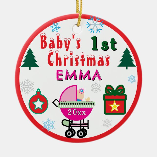 First Christmas Girl Pink Name PHOTO Ceramic Ornament (Front)
