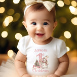 First Christmas Girl Pink Vintage Snowman Baby T-Shirt<br><div class="desc">Cute First Christmas baby t-shirt with an adorable snowman,  big number one and Christmas tree with gifts in blush pink with vintage vibes. Easily personalize the name. :) - Kate Eden Art</div>