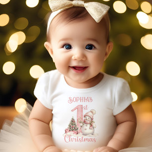 First Christmas Girl Pink Vintage Snowman Baby T-Shirt