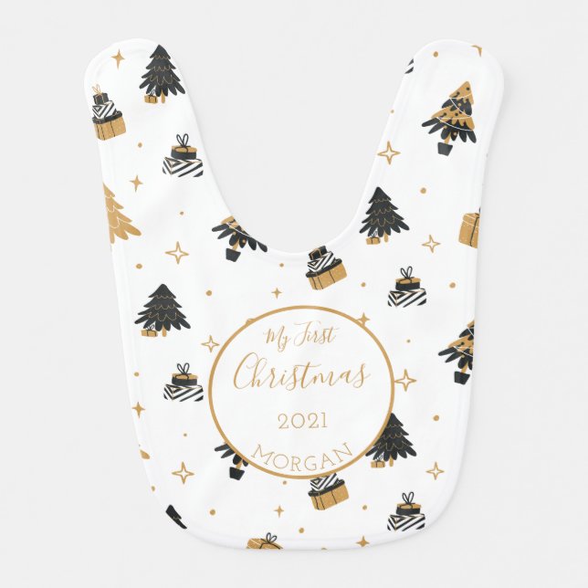 First Christmas Gold Black Tree Pattern Custom Baby Bib (Front)
