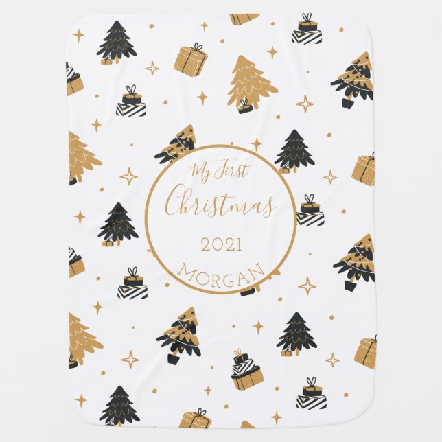 First Christmas Gold Black Tree Pattern Custom Baby Blanket (Front)