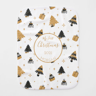 First Christmas Gold Black Tree Pattern Custom Baby Burp Cloth