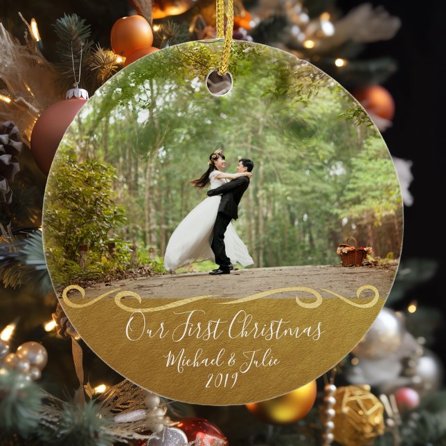 First Christmas Gold Custom Couple Personalized Ceramic Ornament (Creator Uploaded)