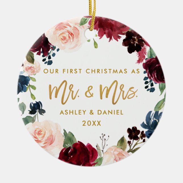 First Christmas Gold Floral | Photo Back Ceramic Ornament (Front)