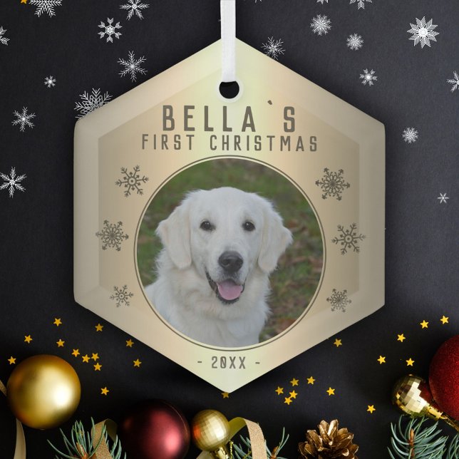 First Christmas Golden Snowflake Dog Photo Glass Ornament (Creator Uploaded)