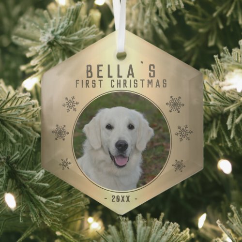 First Christmas Golden Snowflake Dog Photo Glass Ornament