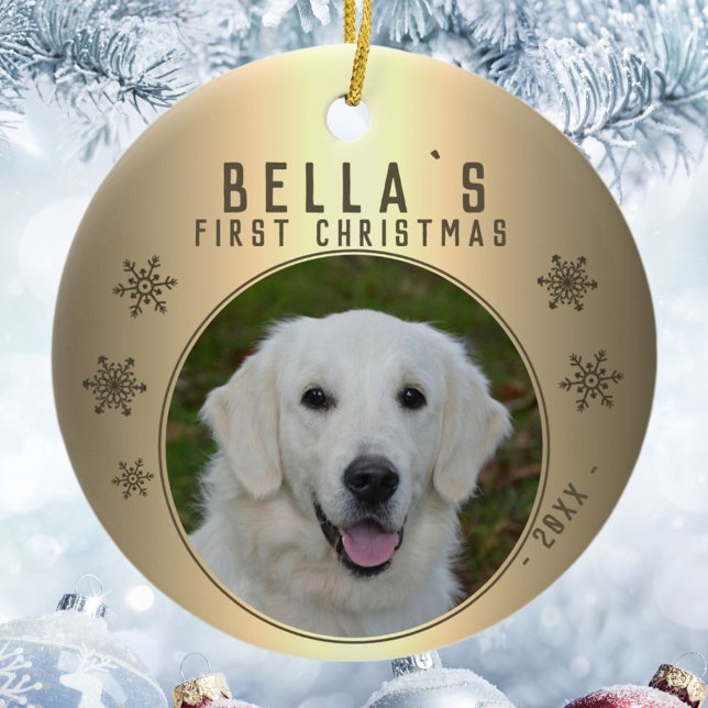 First Christmas Golden Snowflake Puppy Photo Ceramic Ornament (Creator Uploaded)