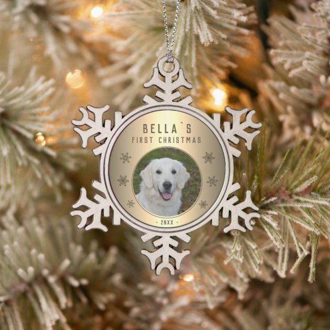 First Christmas Golden Snowflake Puppy Photo Snowflake Pewter Christmas Ornament (Tree)