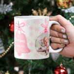 First christmas grandma bell pink snowflake photo coffee mug<br><div class="desc">First Christmas as a grandma with winter pink snowflakes pattern,  best grandma ever! With christmas ornament shape 2 photo overlay and a bell shape . All the colors are editable.</div>