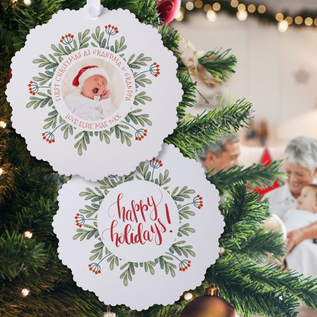 First Christmas Grandma Grandpa Photo Berries Ornament Card (Front and back view)