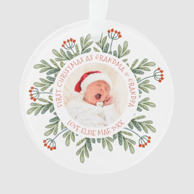 First Christmas Grandma Grandpa Photo Names Leaves Ornament (Front)