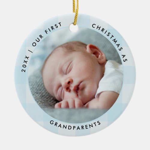 First Christmas Grandparent Green Blue Check Photo Ceramic Ornament
