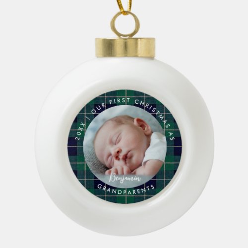 First Christmas Grandparent Green Plaid Baby Photo Ceramic Ball Christmas Ornament