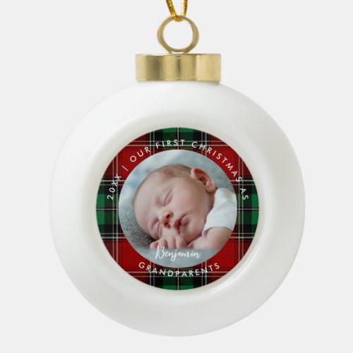 First Christmas Grandparent Red Green Plaid Photo Ceramic Ball Christmas Ornament