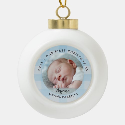 First Christmas Grandparents Blue Check Baby Photo Ceramic Ball Christmas Ornament