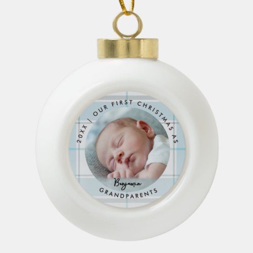 First Christmas Grandparents Blue Plaid Baby Photo Ceramic Ball Christmas Ornament